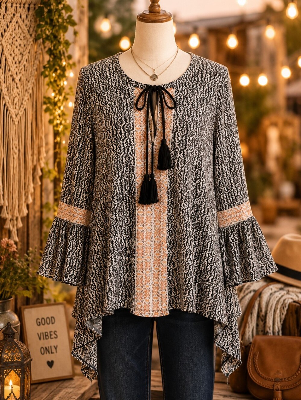 ANAMA BOHO TASSEL TIE BELL SLEEVE TOP MEDIUM